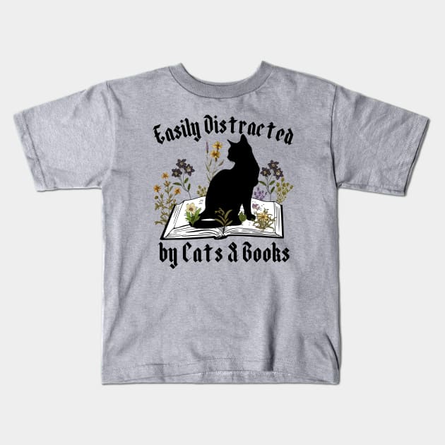 Easily Distracted by Cats and Books Kids T-Shirt by Hypnotic Highs